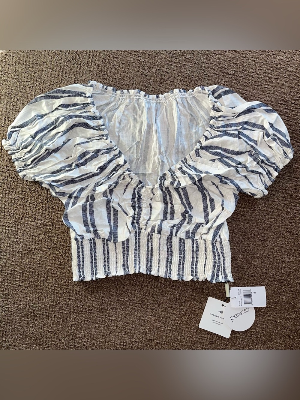 Peixoto White Navy Striped Puff Sleeve Cropped Top